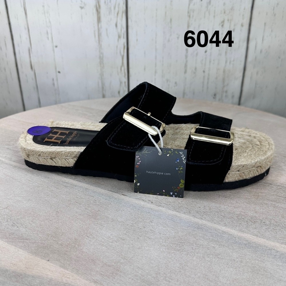Haute Hippie Womens Black Suede Espadrille Double Buckle Slide Sandals 8.5 NEW